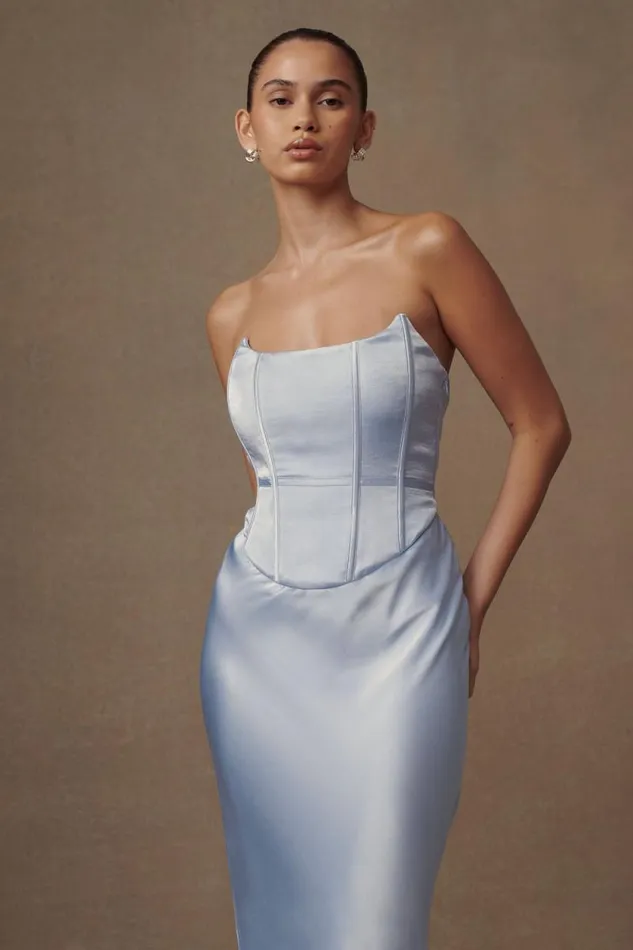 Women Meshki Two Piece Sets Harlow Satin Strapless Maxi Dress 8211 Cornflower Blue