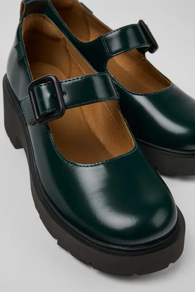Women Milah Green Leather Mary Jane Camper Ballerinas