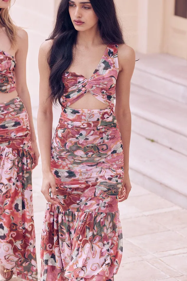 Women MISA Los Angeles Jersey and Mesh ALETHEA DRESS Resort Batik Mesh