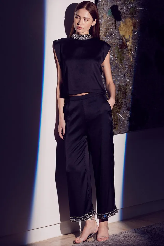 Women MISA Los Angeles Matching Sets LEIA PANT Black Satin