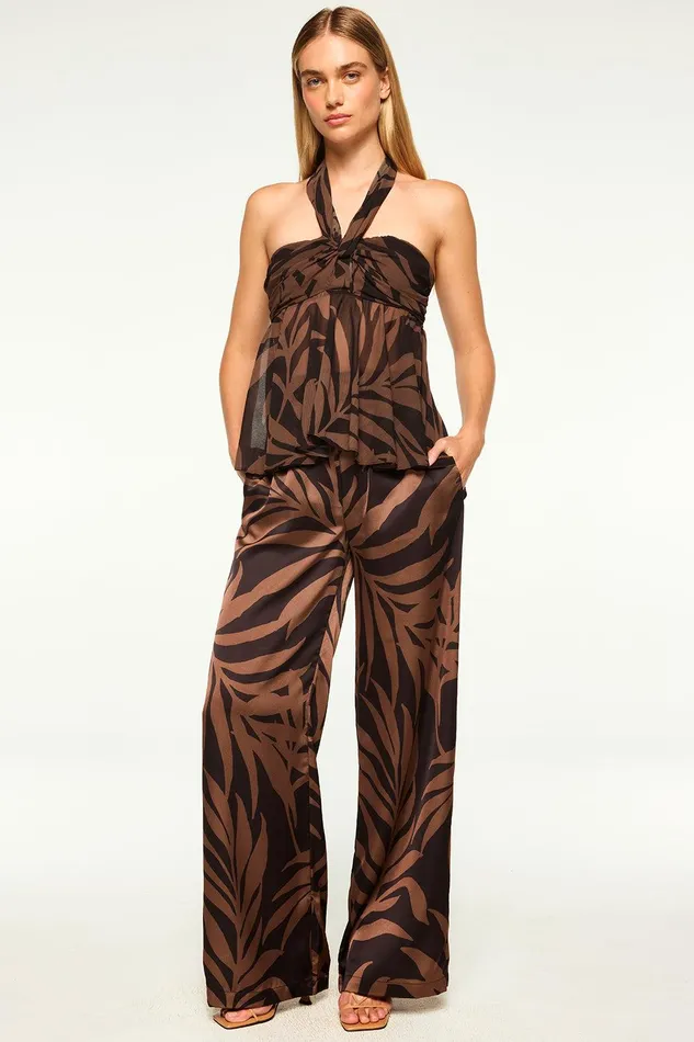 Women MISA Los Angeles Matching Sets RESHMA PANT Chocolate Palm Frond Satin