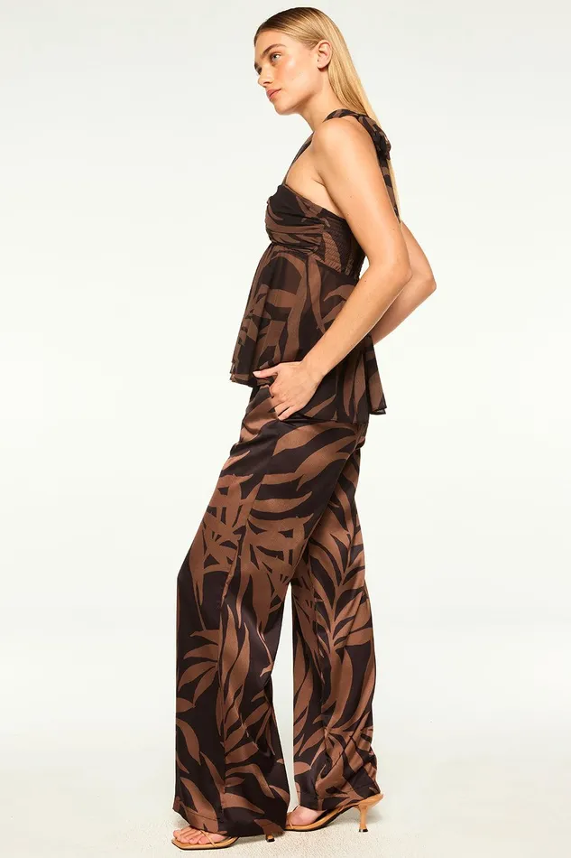 Women MISA Los Angeles Matching Sets RESHMA PANT Chocolate Palm Frond Satin