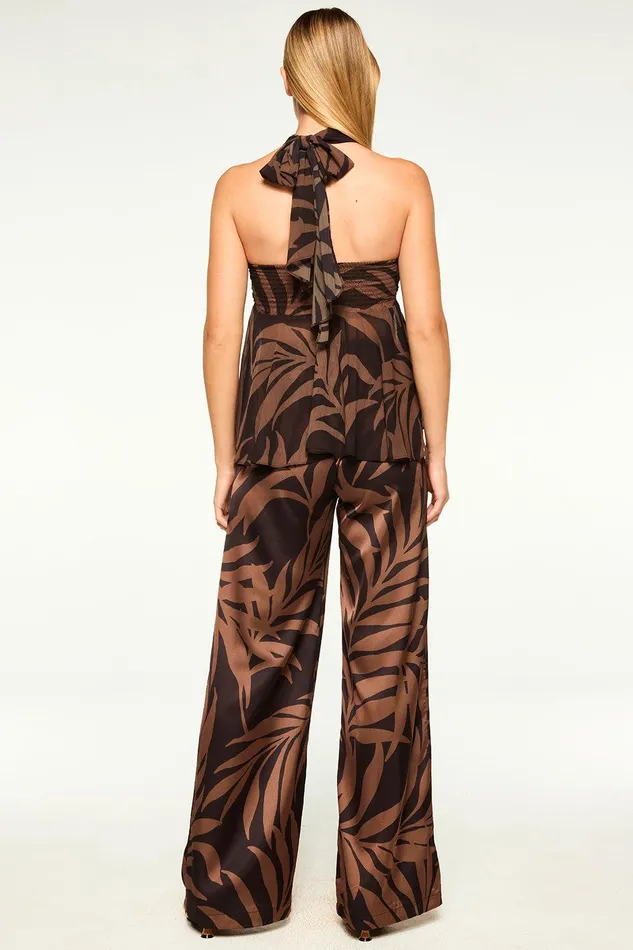 Women MISA Los Angeles Matching Sets RESHMA PANT Chocolate Palm Frond Satin