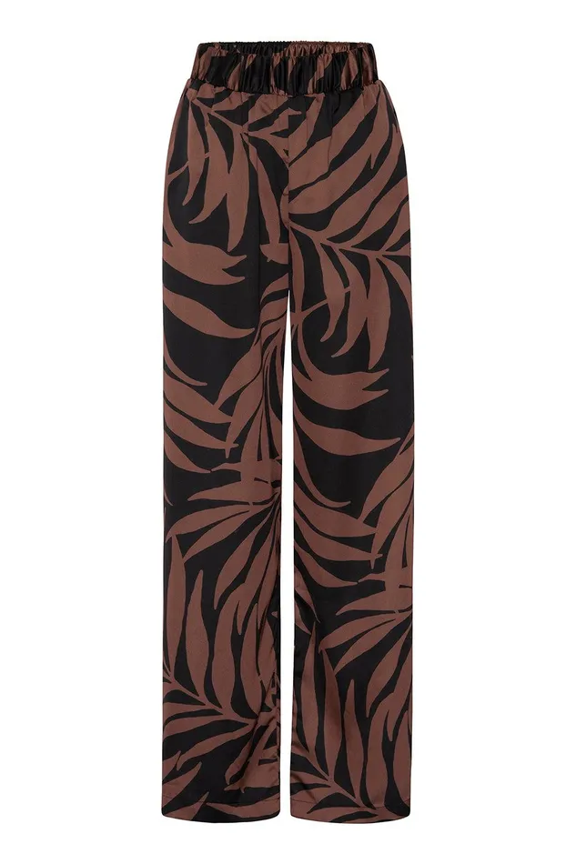 Women MISA Los Angeles Matching Sets RESHMA PANT Chocolate Palm Frond Satin