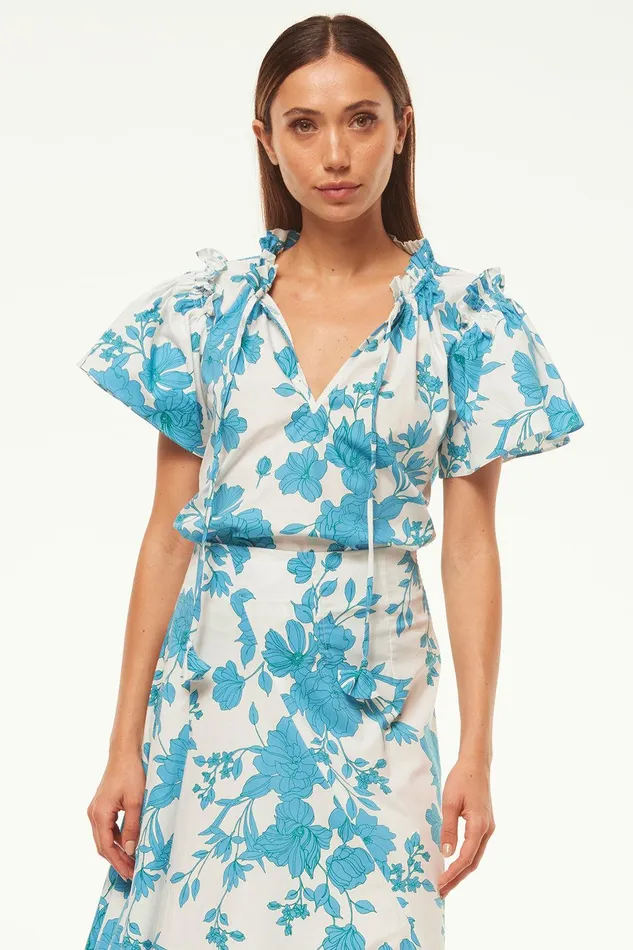 Women MISA Los Angeles Matching Sets SUPARNA TOP Turquoise Flora Poplin