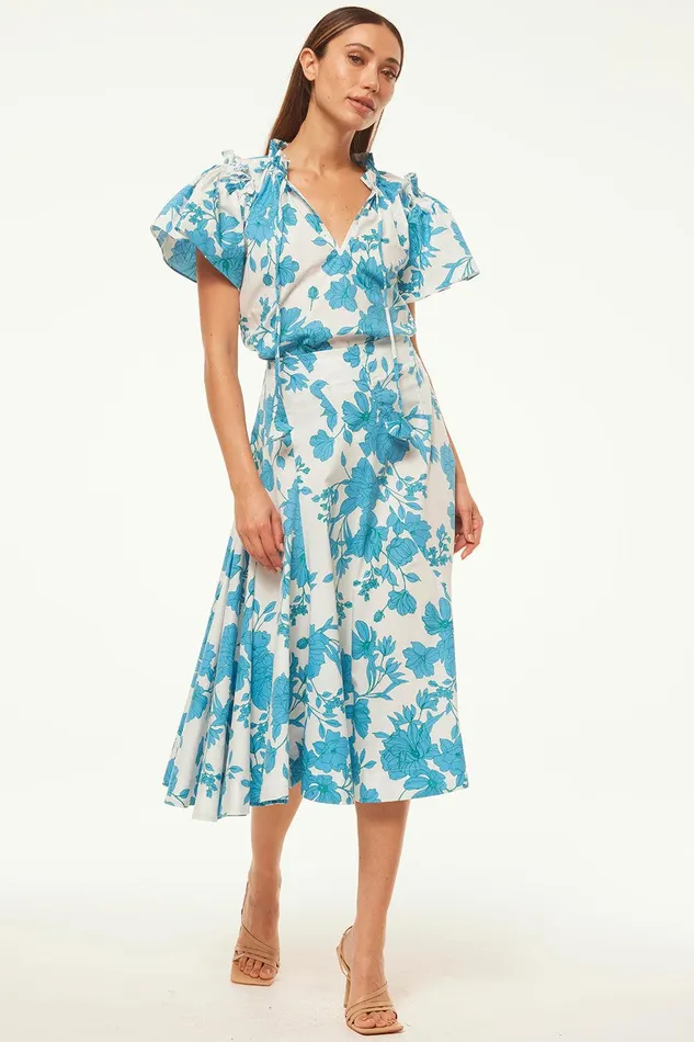 Women MISA Los Angeles Matching Sets SUPARNA TOP Turquoise Flora Poplin