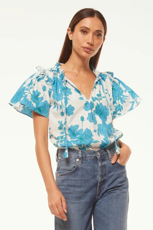 Women MISA Los Angeles Matching Sets SUPARNA TOP Turquoise Flora Poplin