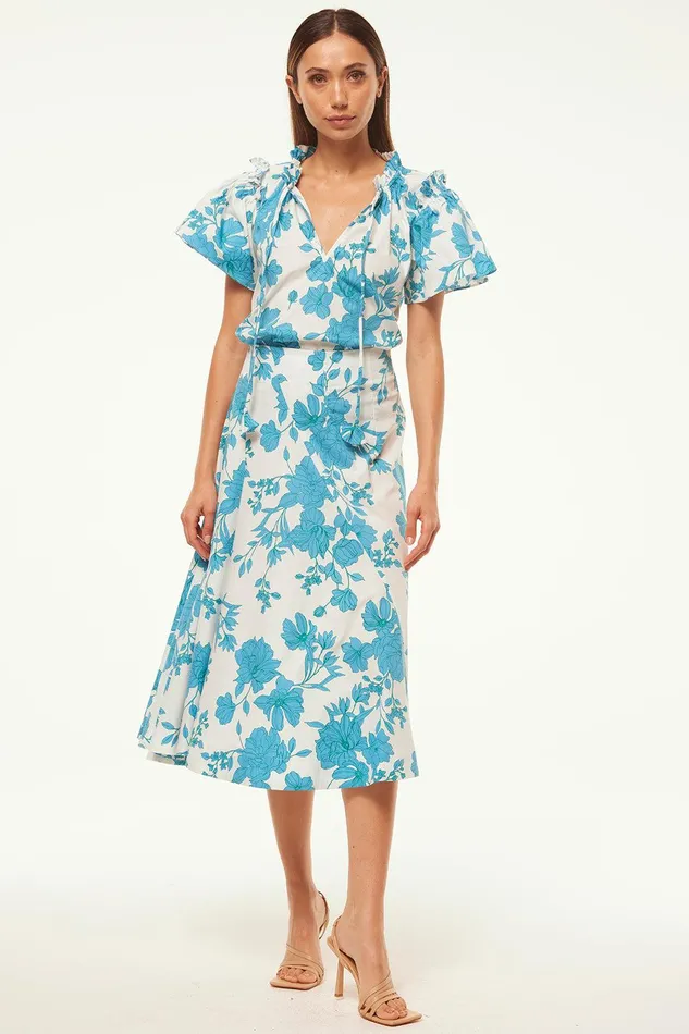 Women MISA Los Angeles Matching Sets SUPARNA TOP Turquoise Flora Poplin