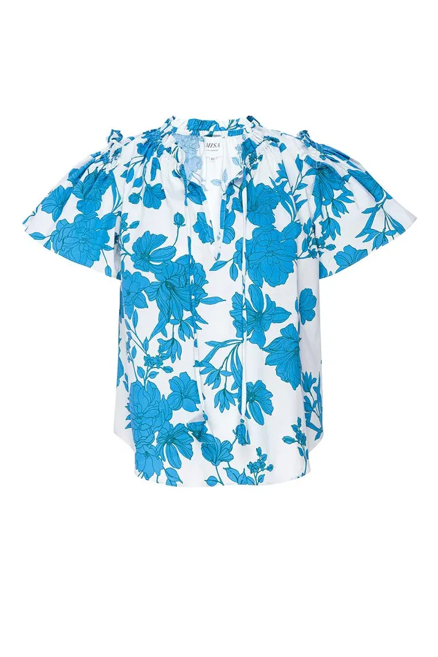 Women MISA Los Angeles Matching Sets SUPARNA TOP Turquoise Flora Poplin