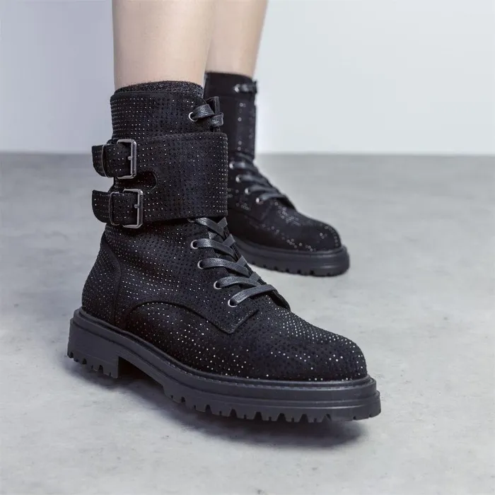 Women Moda In Pelle Chunky Boots Zori Black Textile
