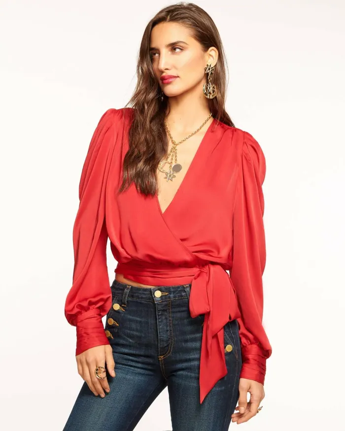Women Pauline Puff Sleeve Blouse Soiree Red Ramy Brook Tops