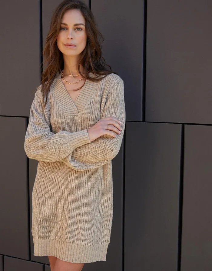 Women Petite Stone VNeck Knitted Jumper Dress Threadbare Knitted Dresses