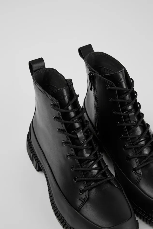 Women Pix Black Leather Laceup Ankle Boots Camper Ankle Boots
