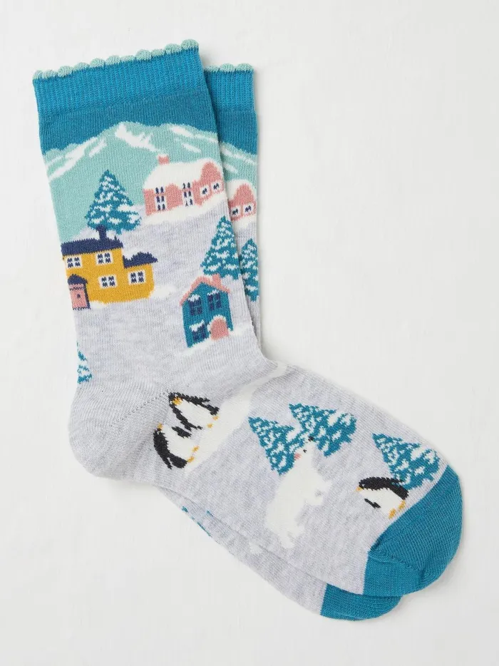 Women Socks and Tights Fat Face Grey Cottage Scene Socks 1 Pack
