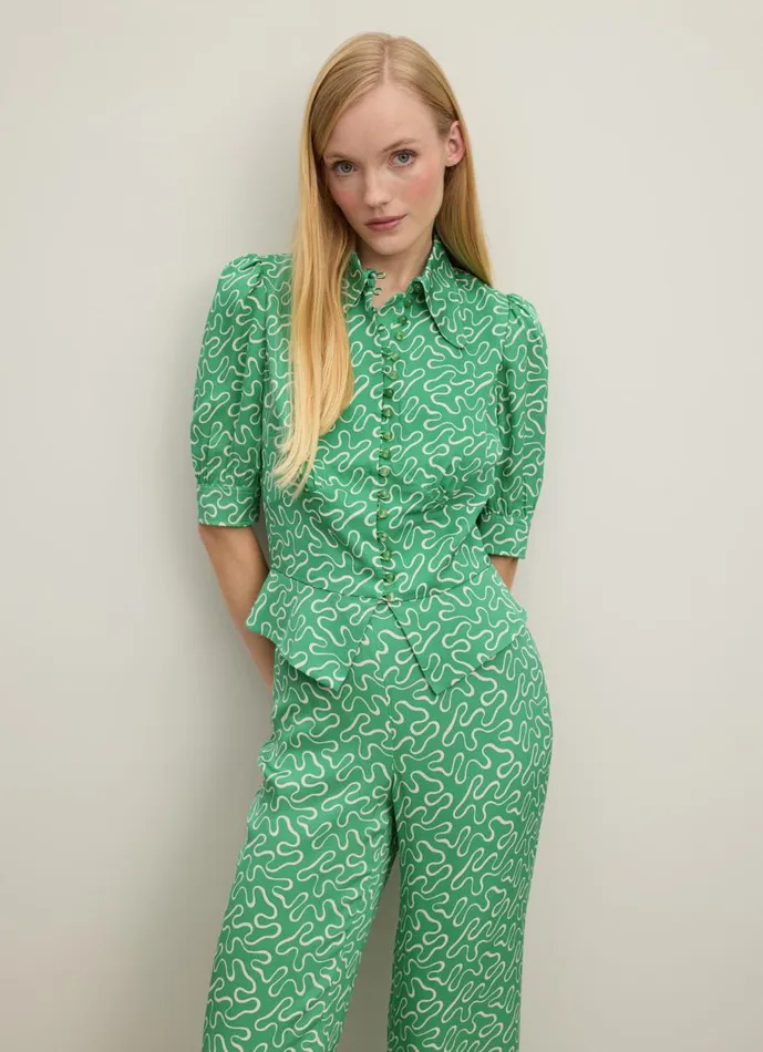 Women Tops LKBennett Elsie Green And Cream Ribbon Print Blouse Green