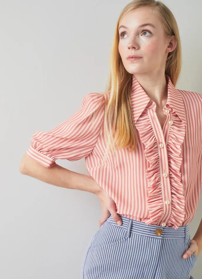 Women Tops LKBennett Ensor Pink And Cream Silk Striped Shirt Rose Cream