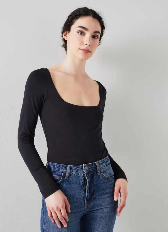 Women Tops LKBennett Miriam Black Square Neck Top With LENZING ECOVERO Viscose Black