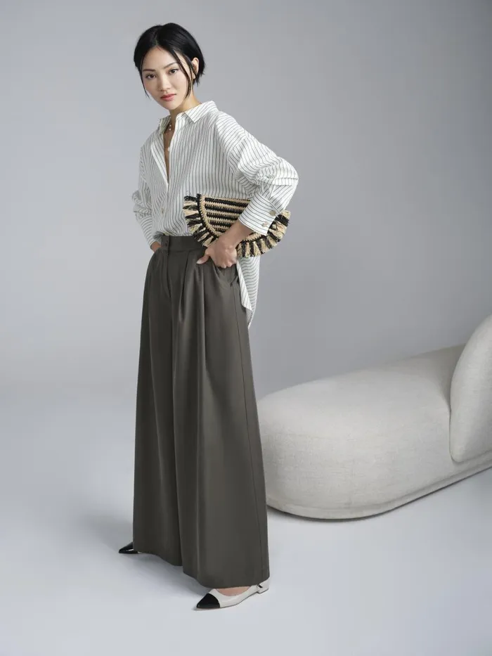 Women Trousers LKBennett Isla Khaki Wide Leg Trousers With TENCEL Modal Khaki