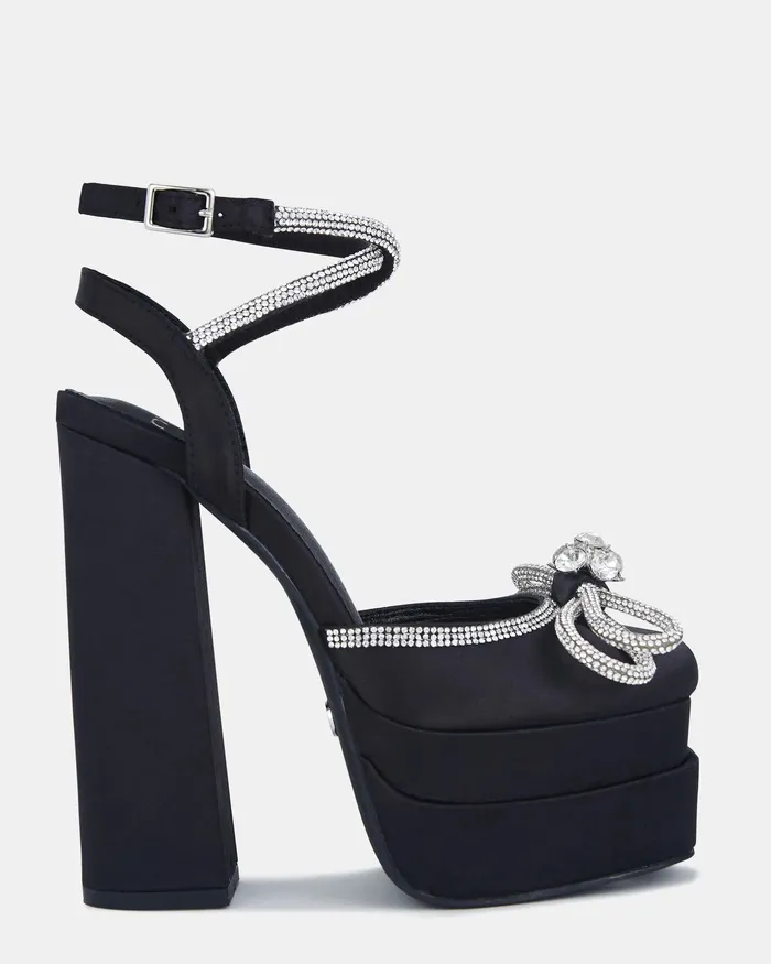Women ZAMARI Black Satin Block Heels Platforms NOVO Shoes