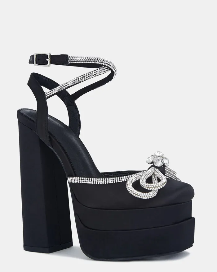 Women ZAMARI Black Satin Block Heels Platforms NOVO Shoes
